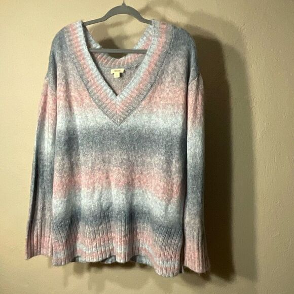 A.N.A. Womens Blue Pink Oversized Ombre V-Neck Knit Pullover Sweater Large - Picture 5 of 10